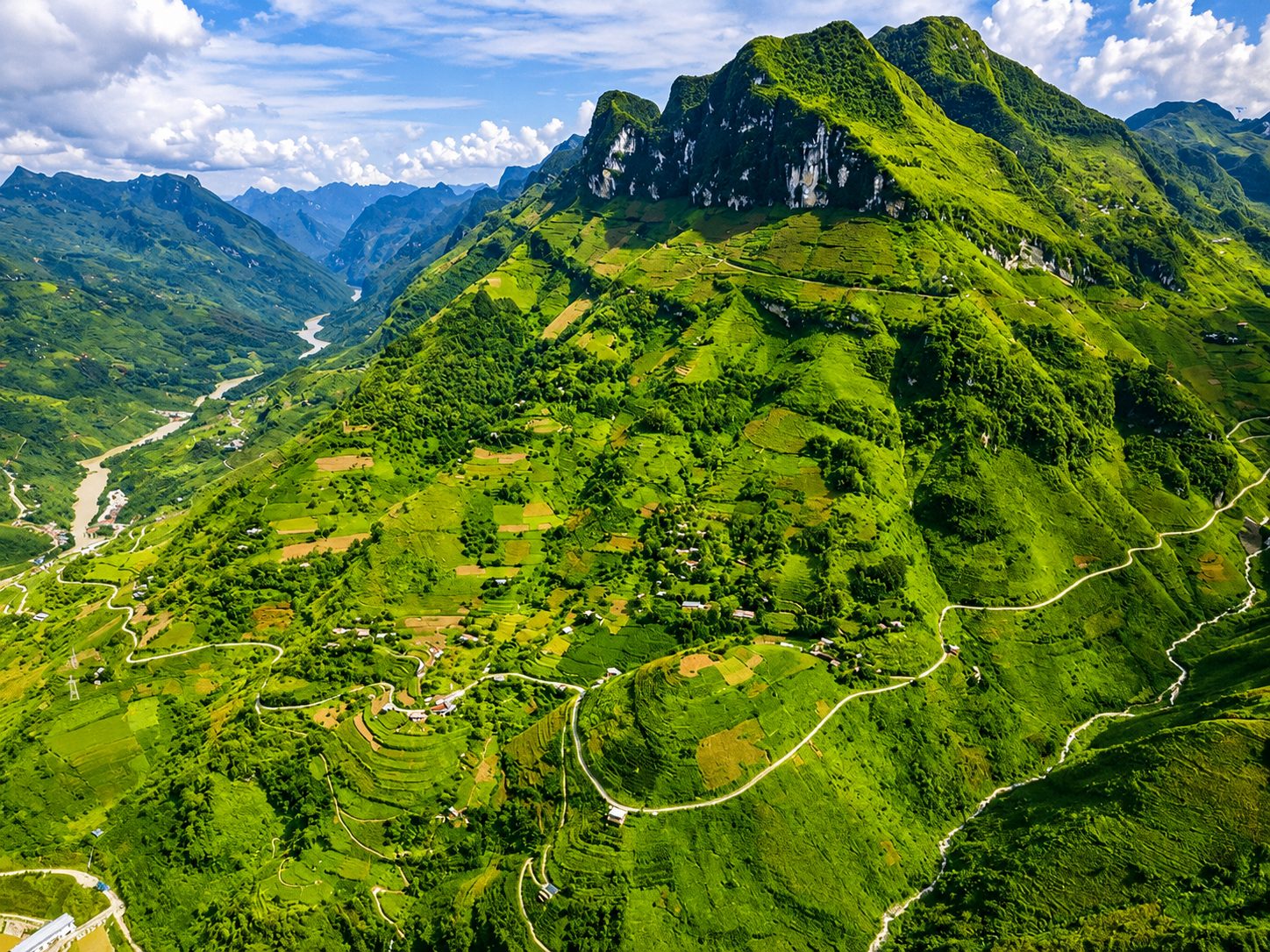 A steep green mountainside of small terraced fields and footpaths above a winding river valley near Mã Pí Lèng