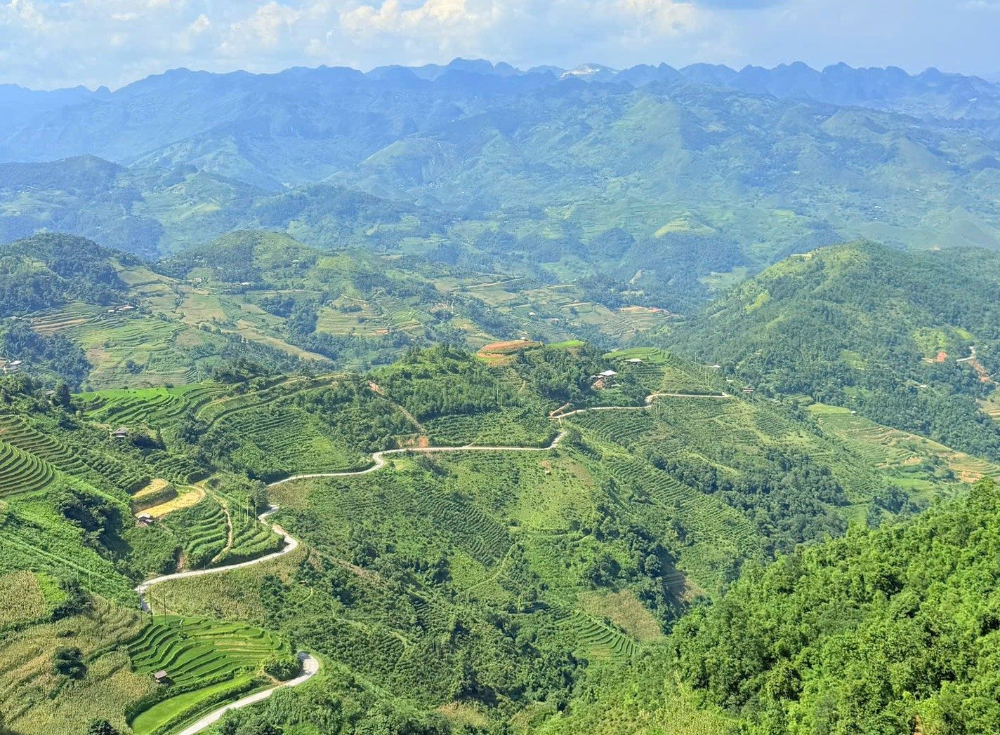 Terraced green hills with a thin road winding through them, layers of mountain ridges in the distance