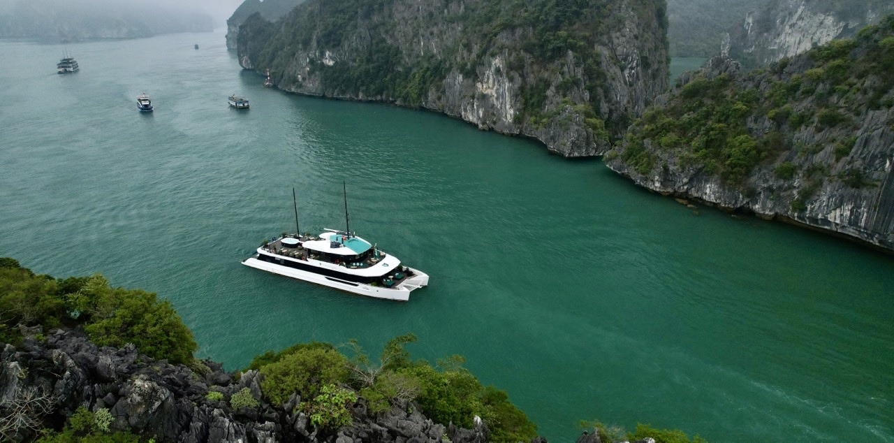 The catamaran seen from a clifftop, sailing up a green channel between limestone walls