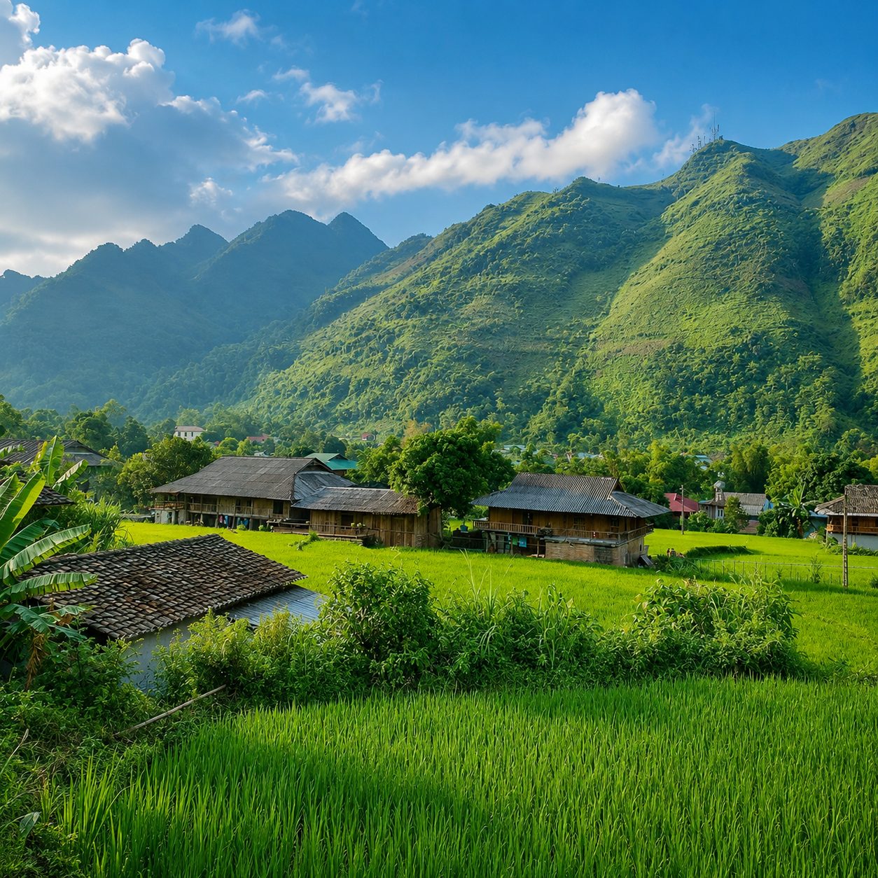 Stilt houses beside bright green rice fields at the foot of the mountains