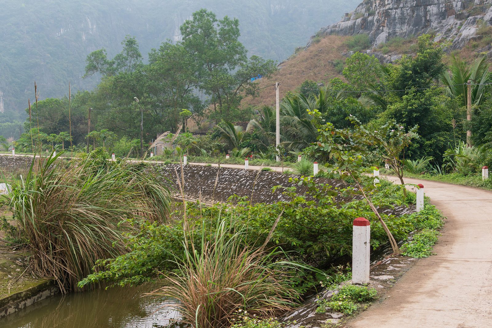 A quiet country lane below the cliffs near Hang Múa